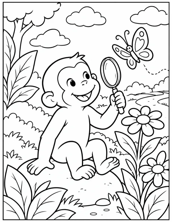 Curious George exploring with a magnifying glass coloring page