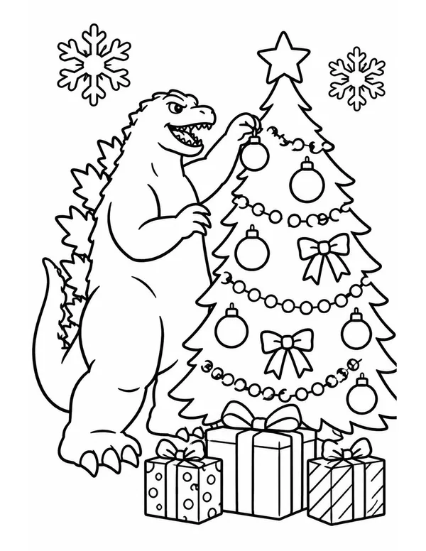 Godzilla decorating the christmas tree coloring page
